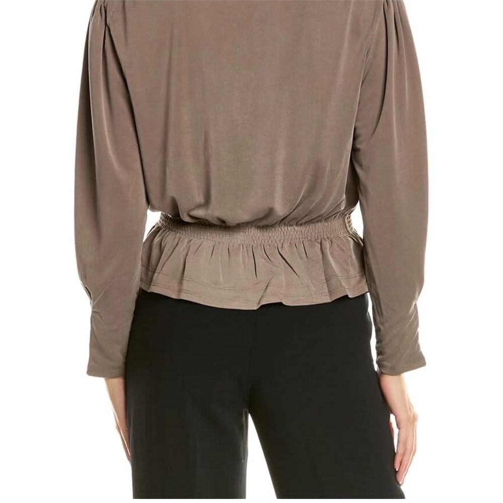 Elie Tahari Peplum Blouse Top with Tie Neck Ruffle Detail in Taupe Mocha, Medium - Picture 13 of 13